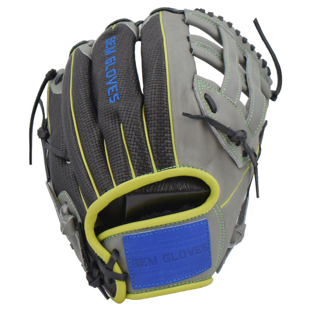 Gem Gloves Softball Fielding Glove - GEM010 Charcoal/Black/Neon Green product image 1, provided for visual reference and