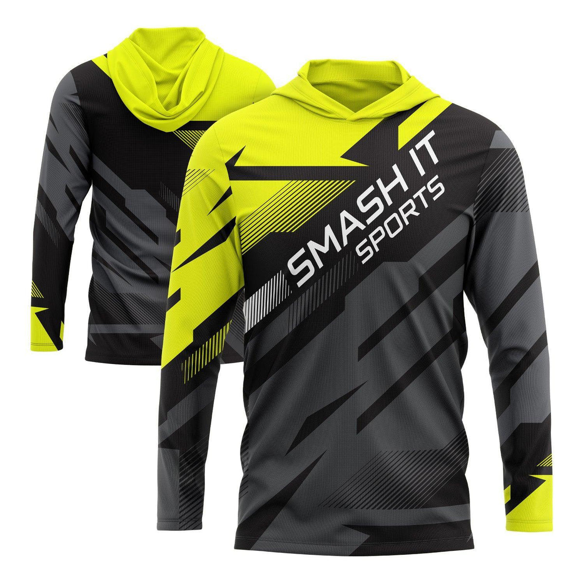 Smash It Sports Hooded Long Sleeve T-Shirt - Black/Charcoal/Neon Yellow product image 1, provided for visual reference and