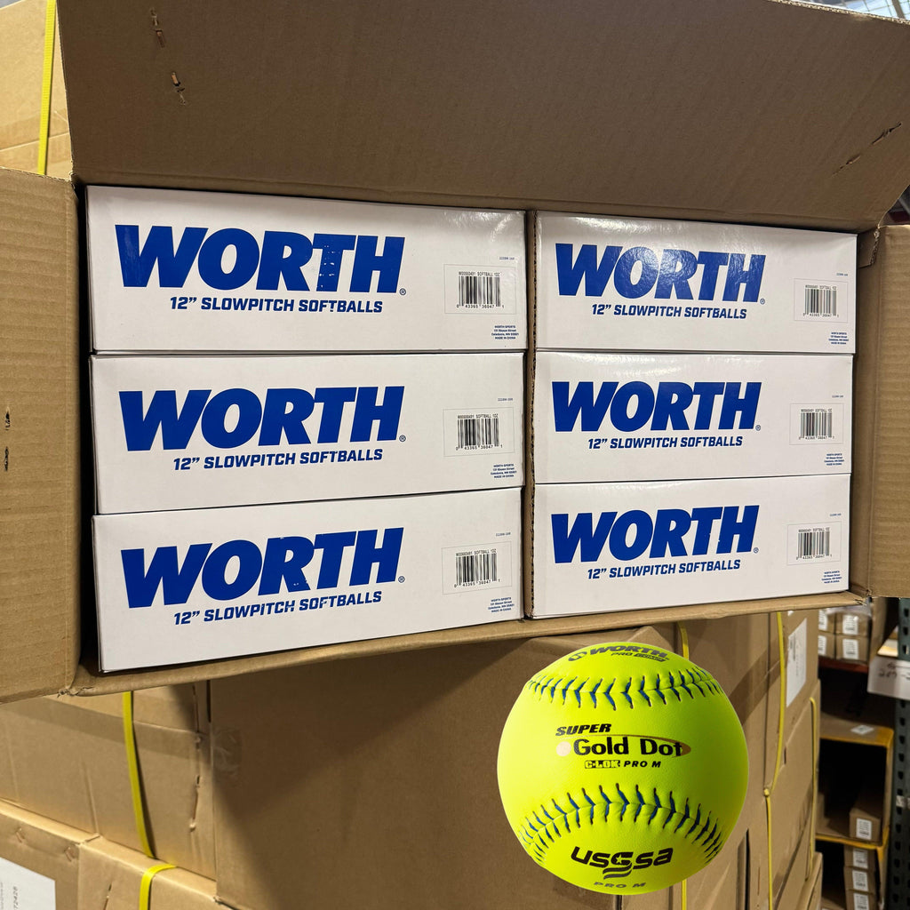 SPECIAL - 6 DOZEN - Worth PRO M 44/375 USSSA 12" Slowpitch Softballs - UM12CY product image 1, provided for visual reference