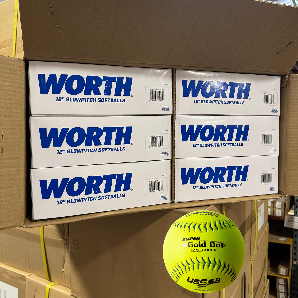 SPECIAL - 6 DOZEN - Worth PRO M 44/375 USSSA 12" Slowpitch Softballs - UM12CY product image 1, provided for visual reference
